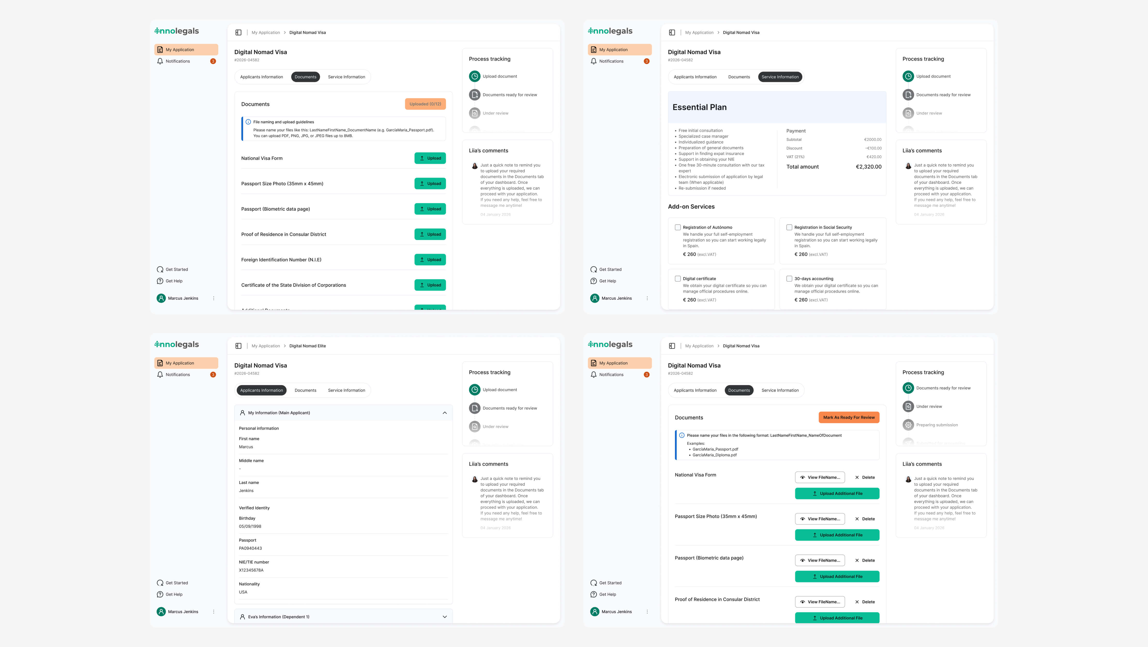 innolegals website - dashboard