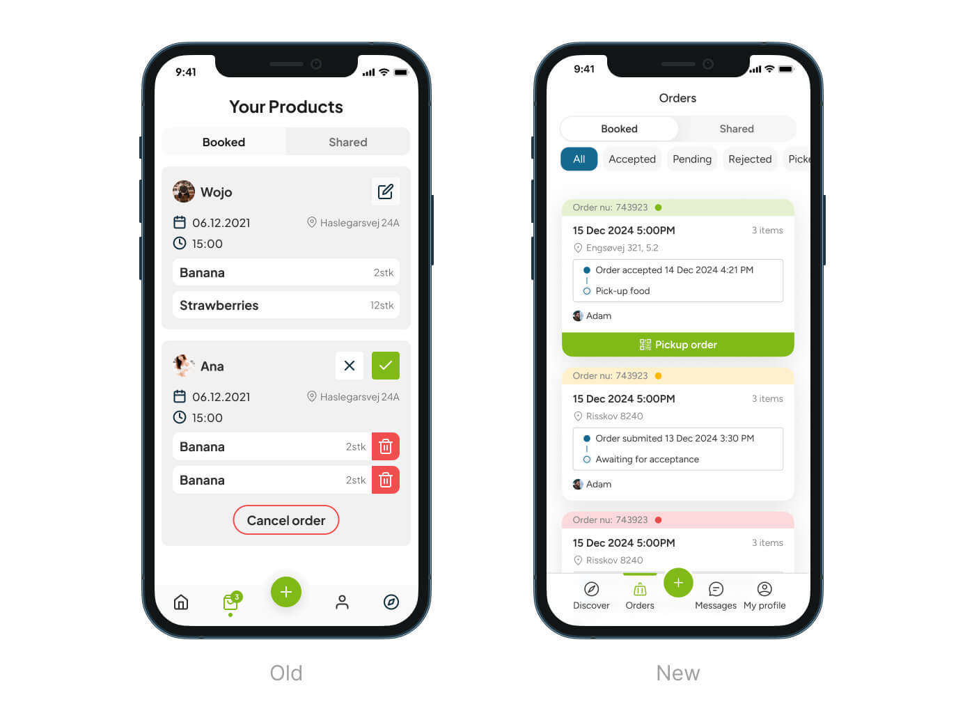 RawShare app before and after redesigning - Orders page