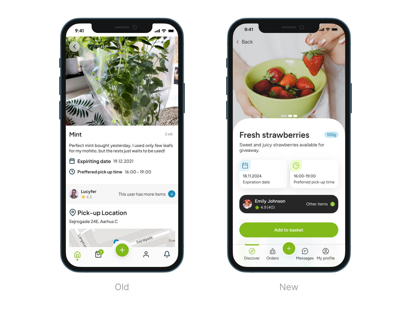 RawShare app before and after redesigning - Product item page