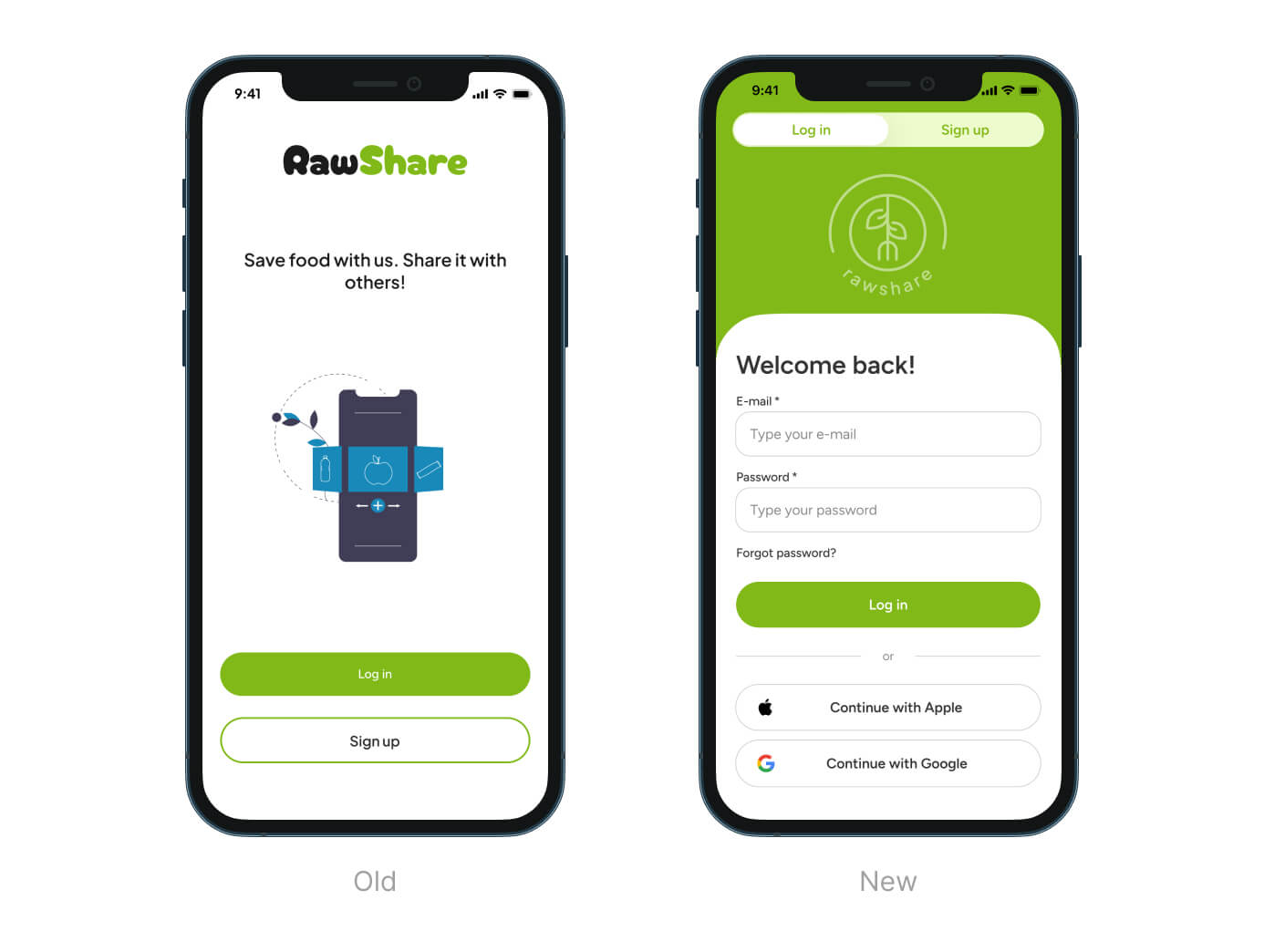 RawShare app before and after redesigning - Start page