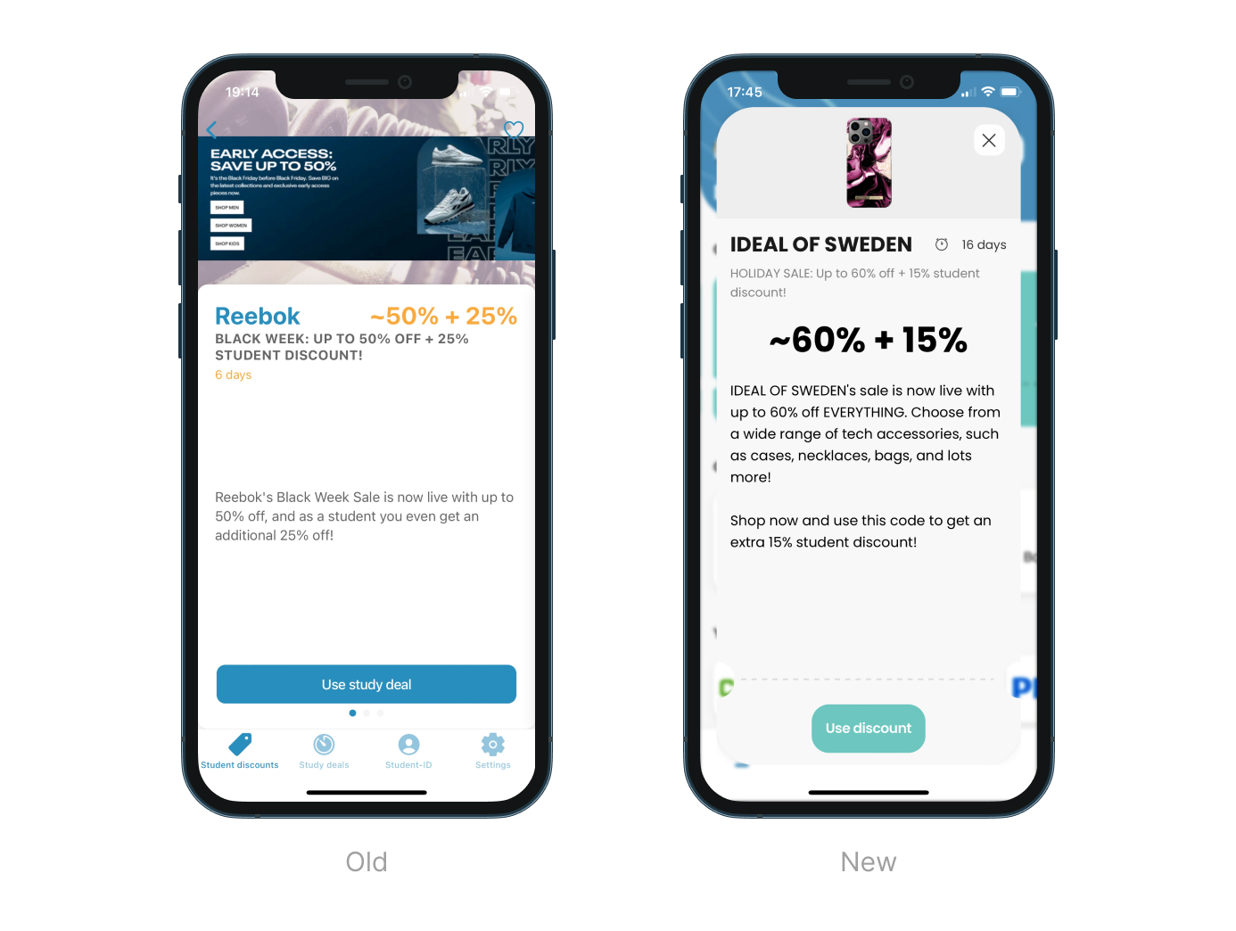 Studiz app before and after redesigning - Discount view
