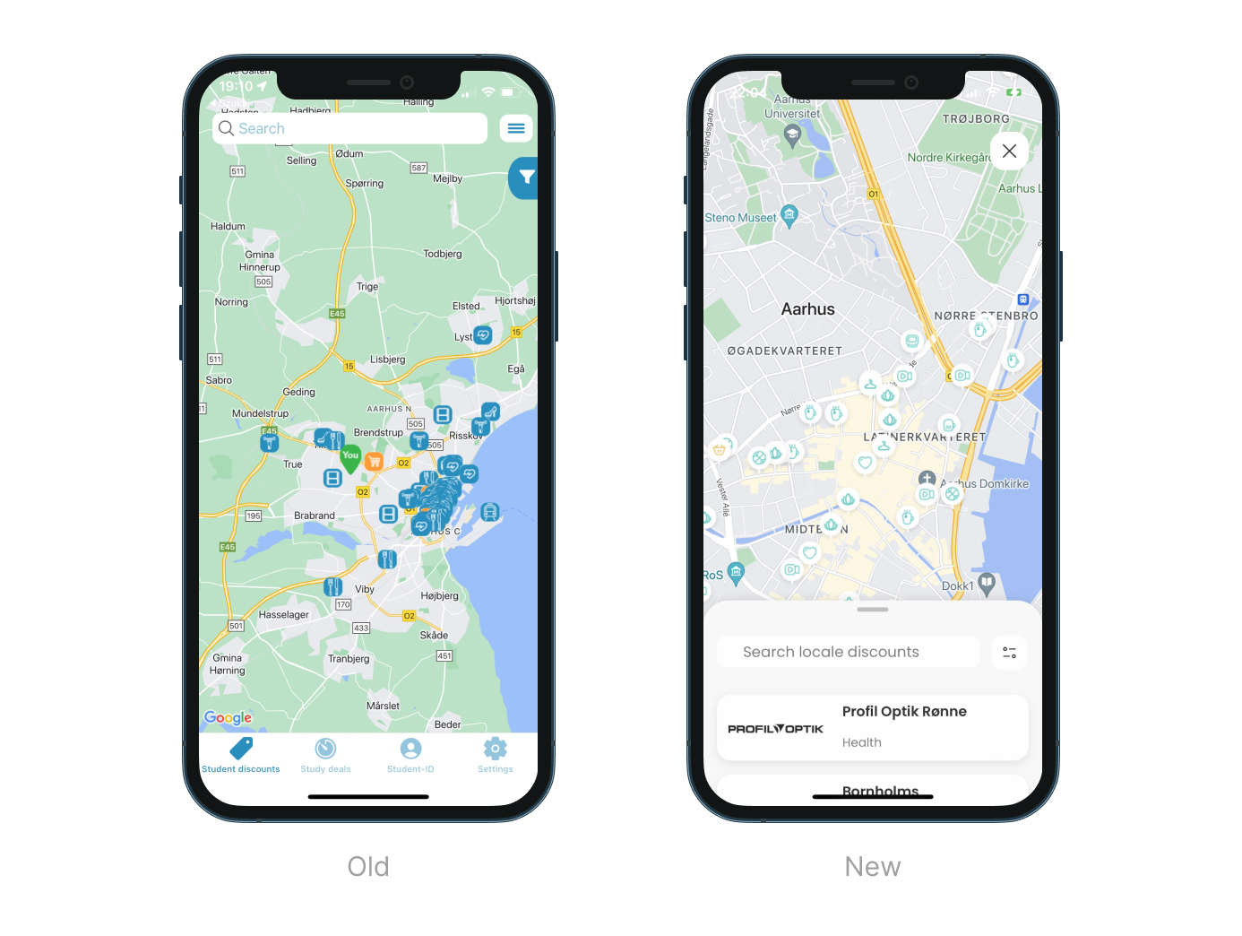 Studiz app before and after redesigning - Map view