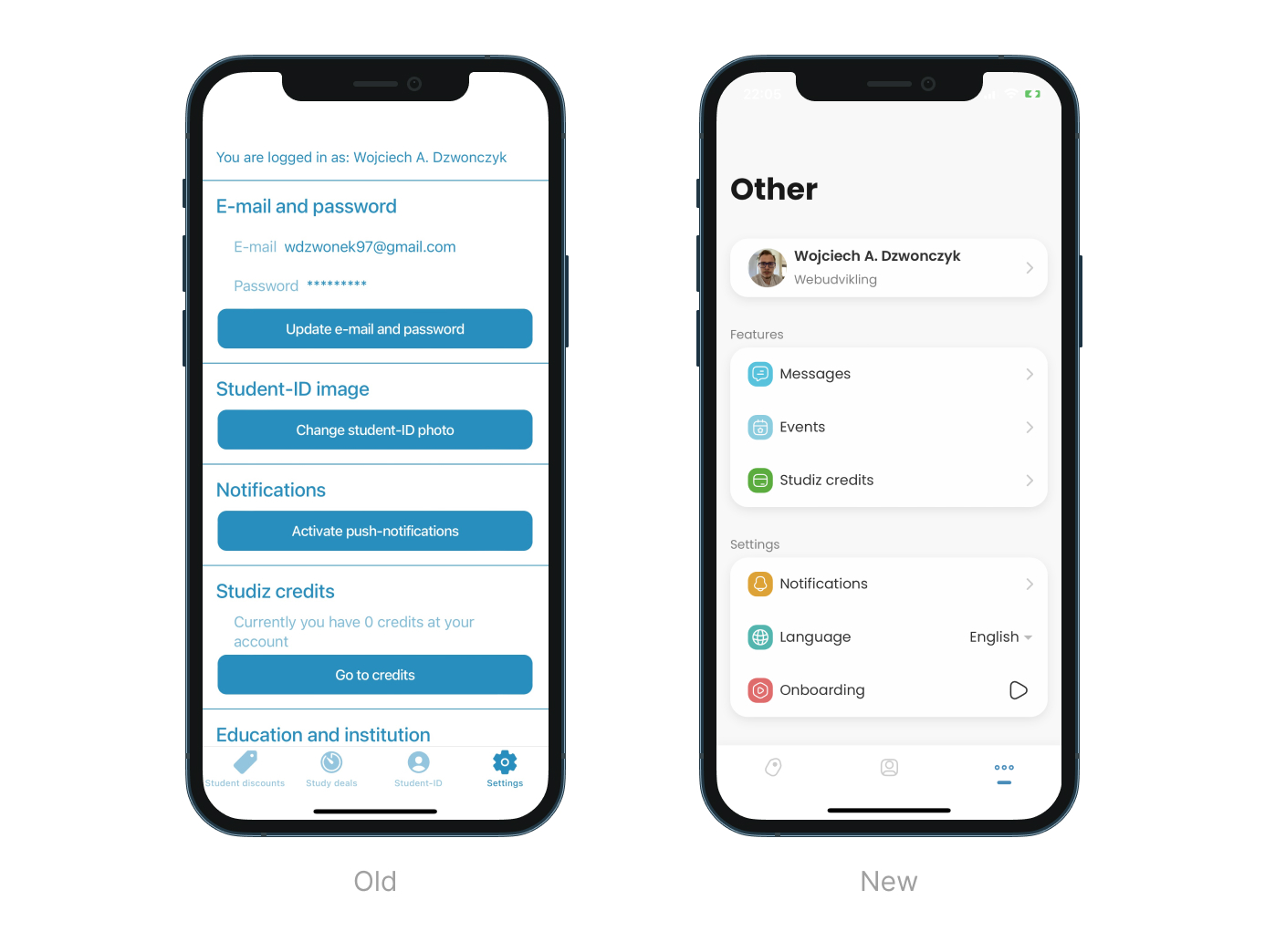Studiz app before and after redesigning - Settings page